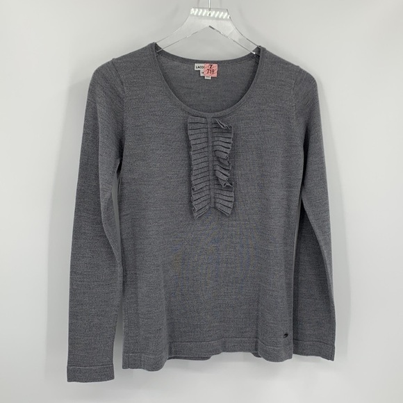 Lacoste gray pleated ruffle gray sweater wool blend women 38 Small S - Picture 1 of 4